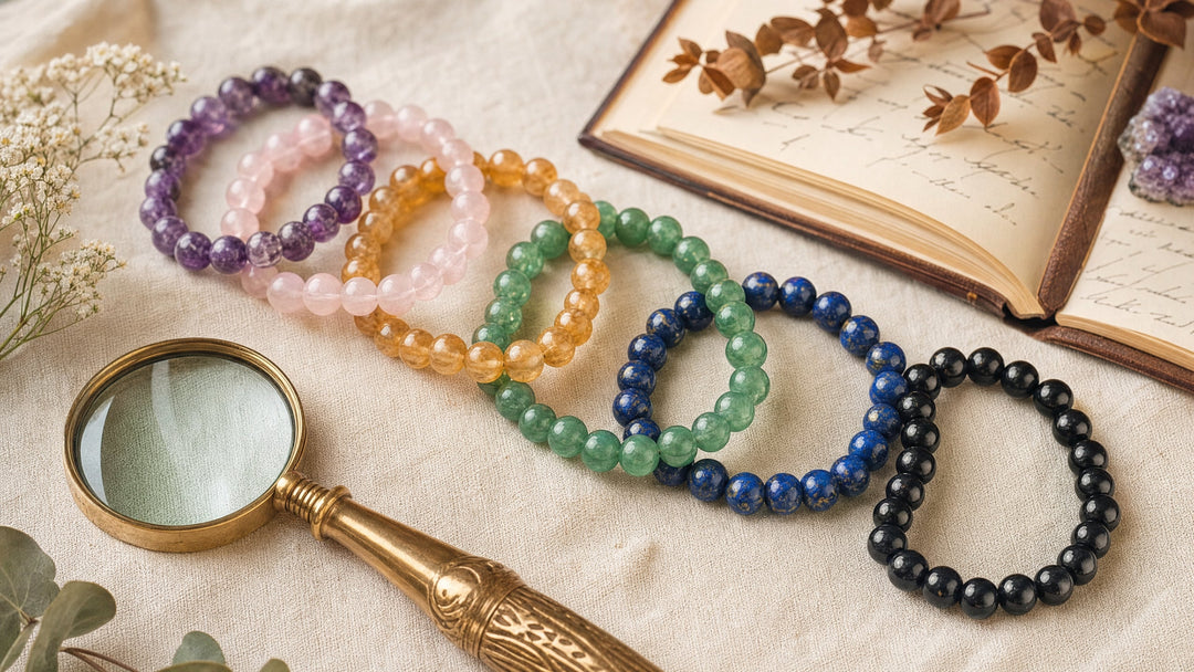 Rainbow of crystal healing bracelets with magnifying glass and journal
