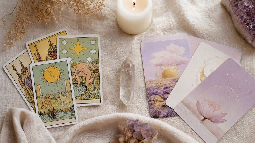 Best tarot deck for beginners — Rider-Waite tarot deck flat lay with crystals