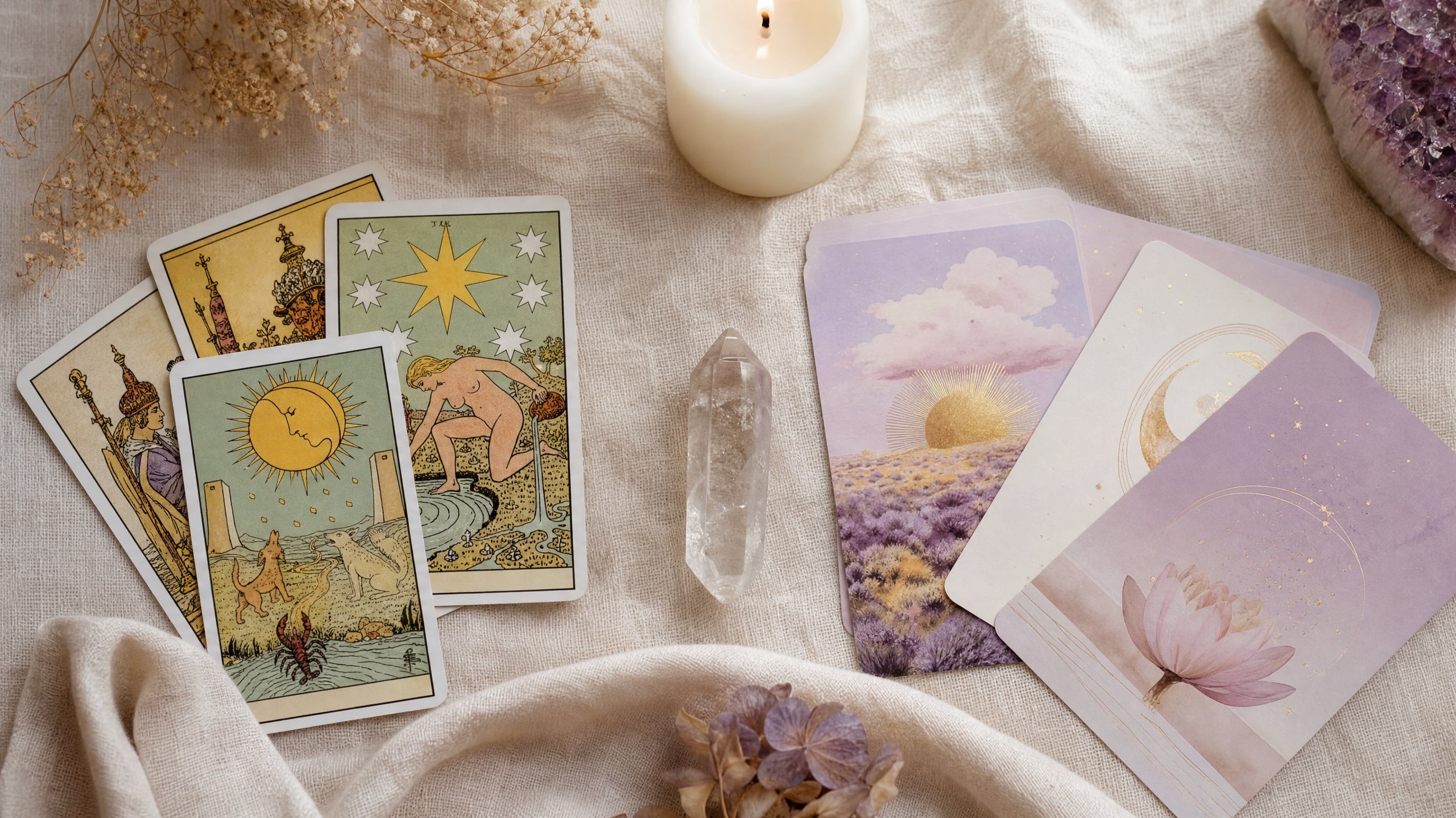 Best tarot deck for beginners — Rider-Waite tarot deck flat lay with crystals
