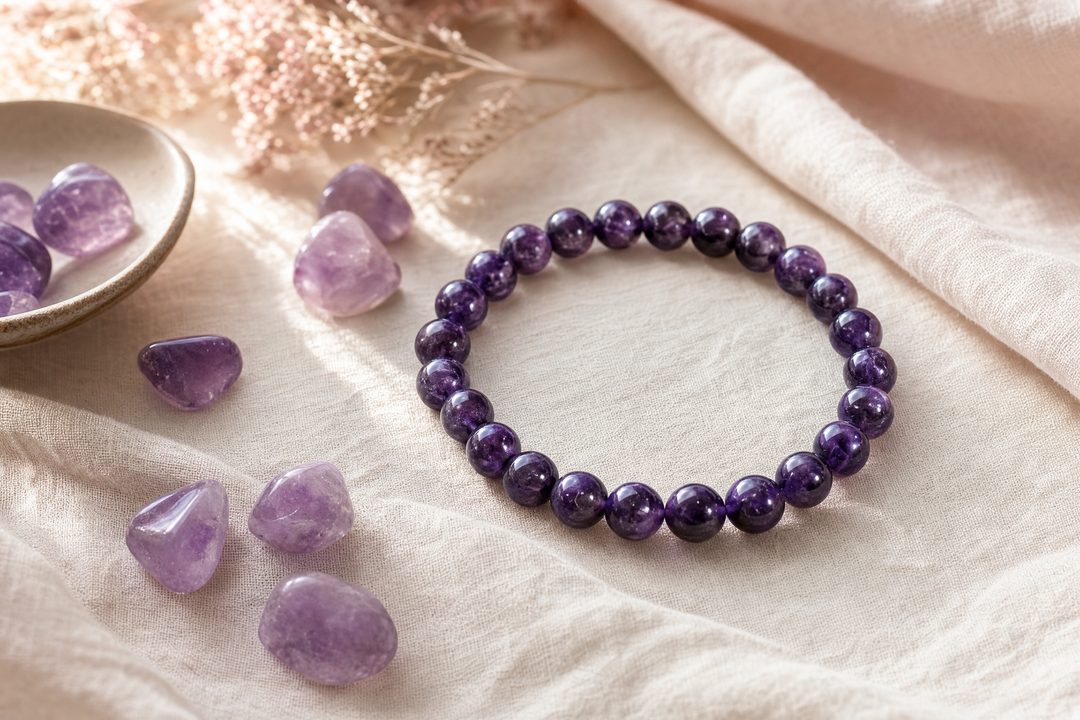 Amethyst crystal bead bracelet on cream linen with tumble stones
