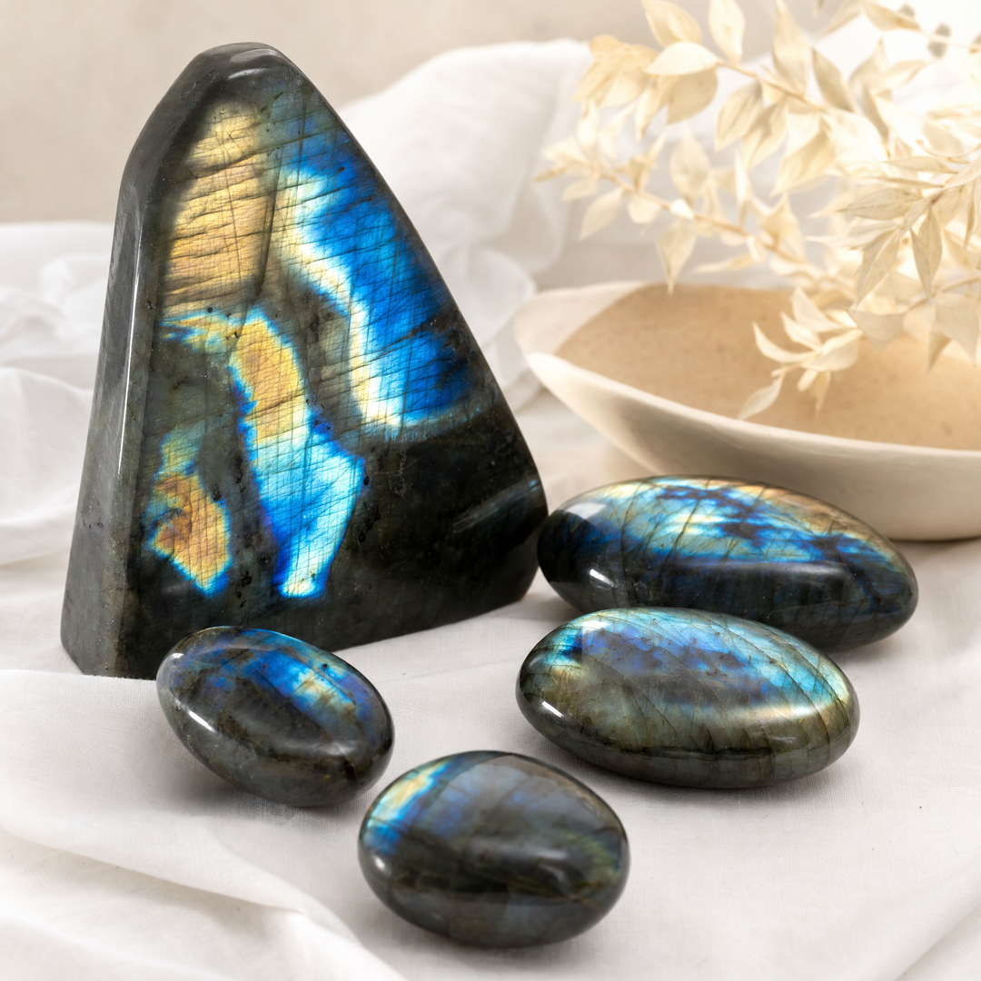 Labradorite crystals - freeform and palm stones showing blue flash