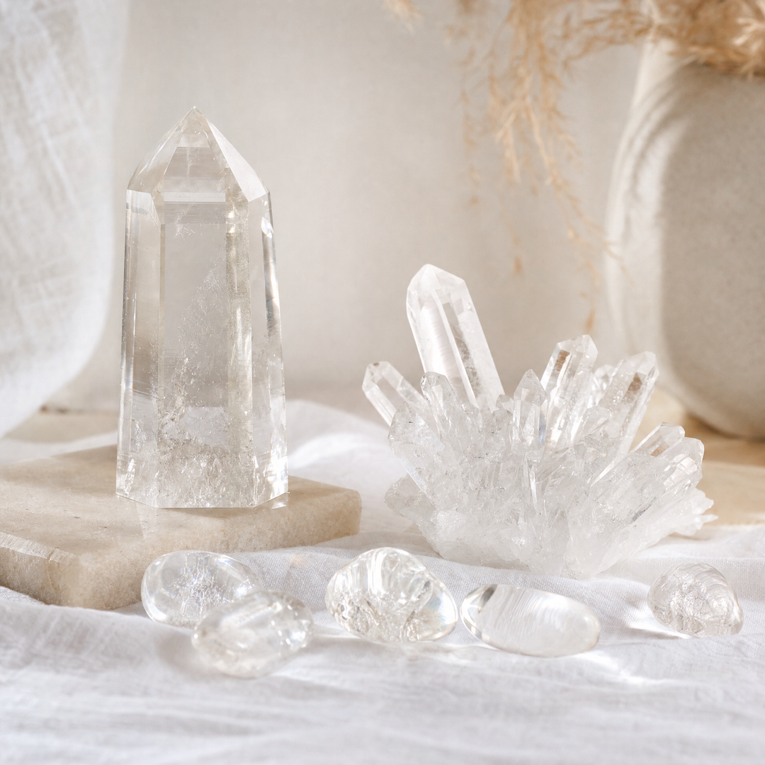 Clear Quartz crystals - tower, cluster and tumbled stones