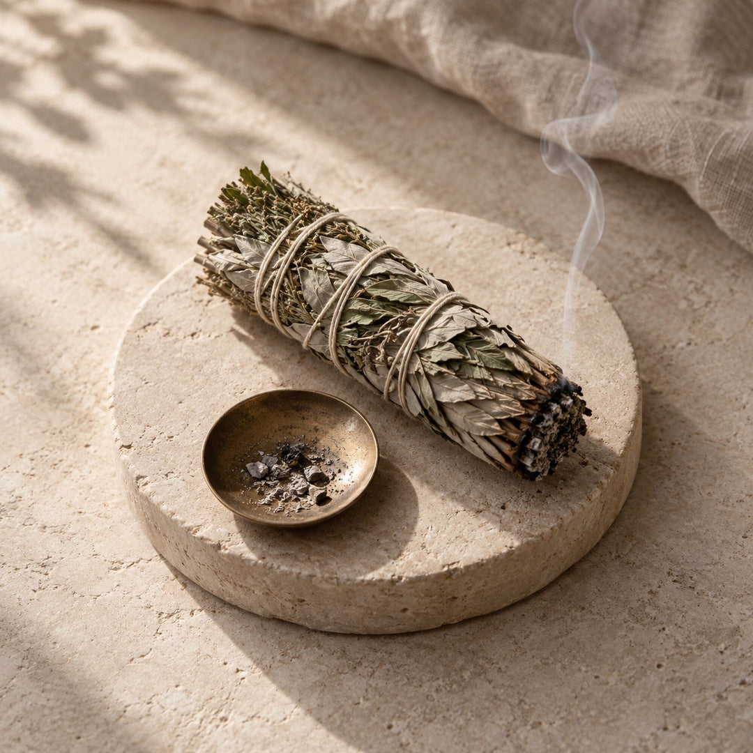Herbal cleansing bundle styled on warm limestone for Zen Collection’s Clear Your Space collection.
