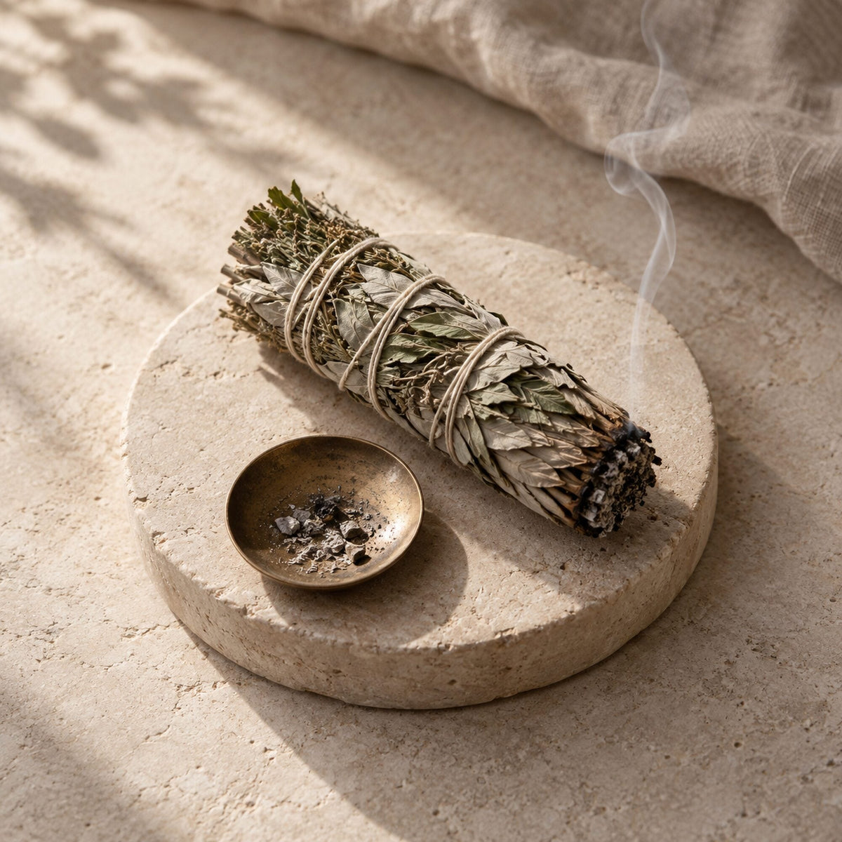 Herbal cleansing bundle styled on warm limestone for Zen Collection’s Clear Your Space collection.