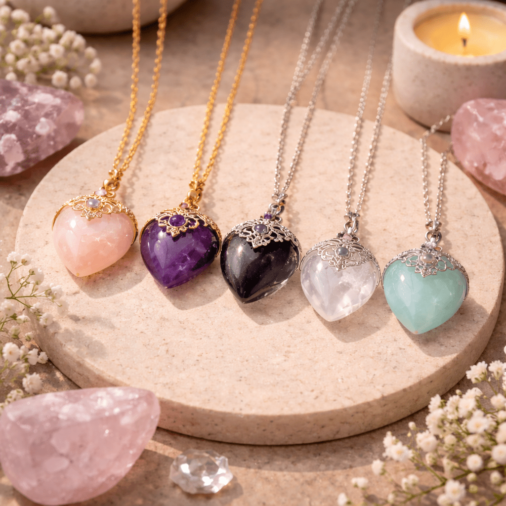 Find best selling crystal heart necklaces in-store or online now with Zen Collection Metaphysical Store in Canada