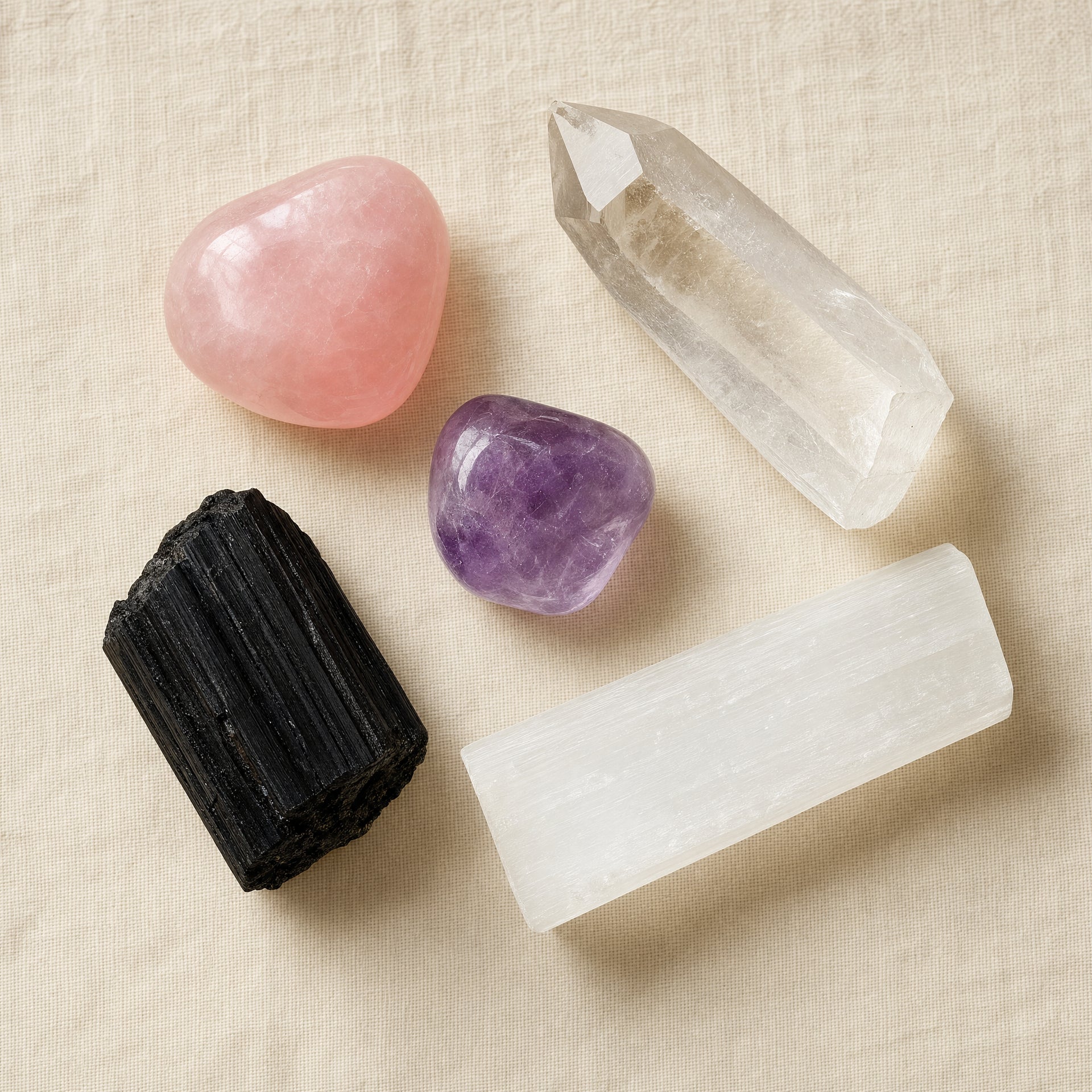 Crystals for Beginners — Rose Quartz, Clear Quartz, Amethyst, Black Tourmaline and Selenite