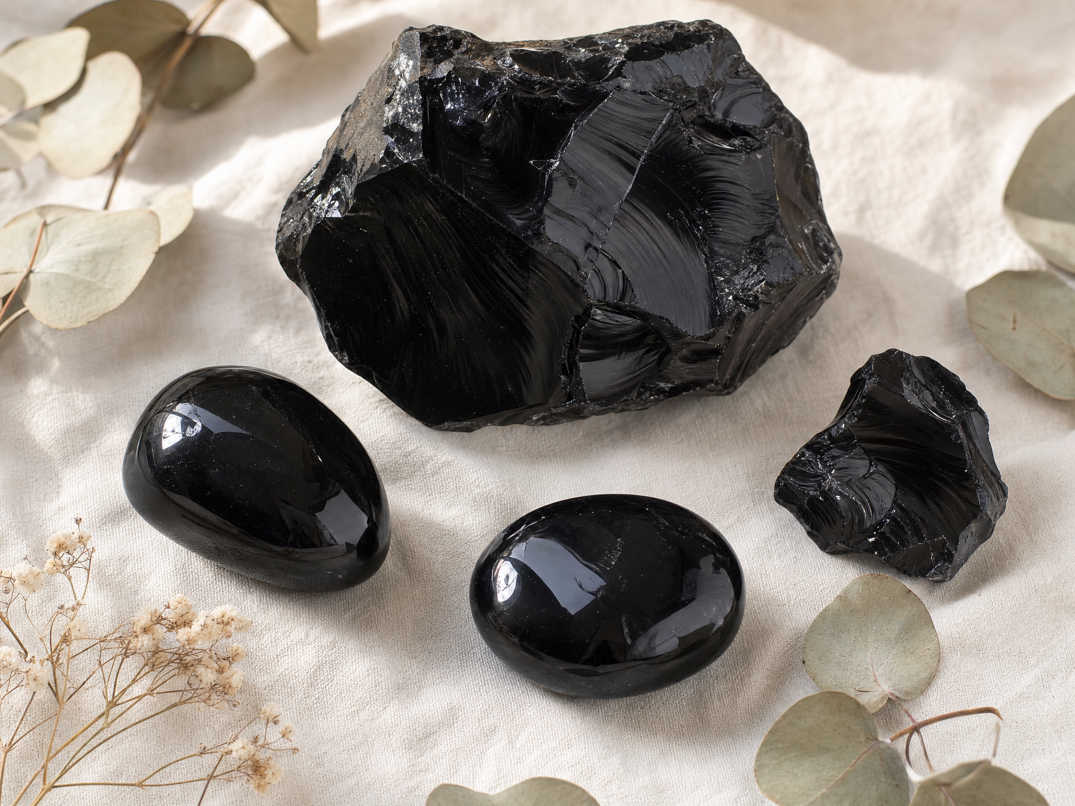 Black Obsidian crystals - raw chunk, tumbled stones and natural freeform pieces