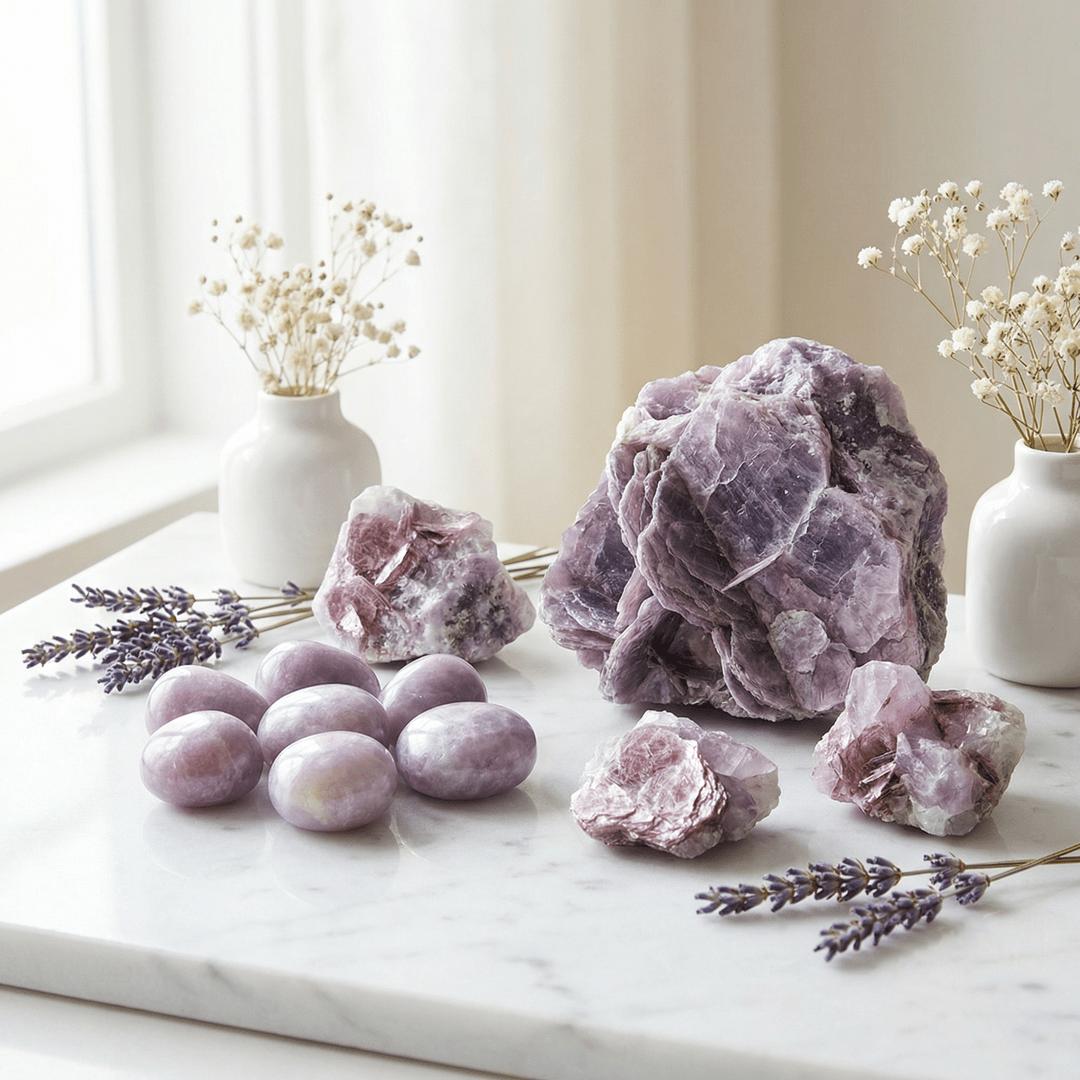 Lepidolite crystals for anxiety and stress available at Zen Collection Metaphysical Store Canada