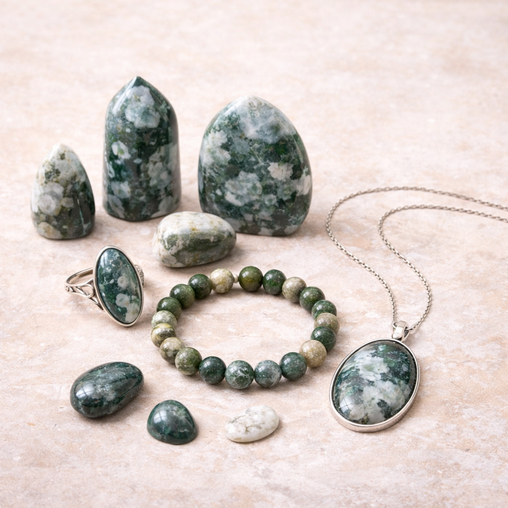 Moss Agate crystals for the heart chakra available at Zen Collection Metaphysical Store Canada