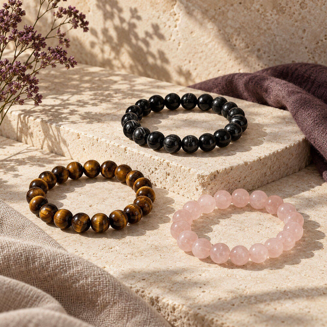 Crystal bead bracelets styled on warm limestone for Zen Collection’s Crystal Bracelets collection.