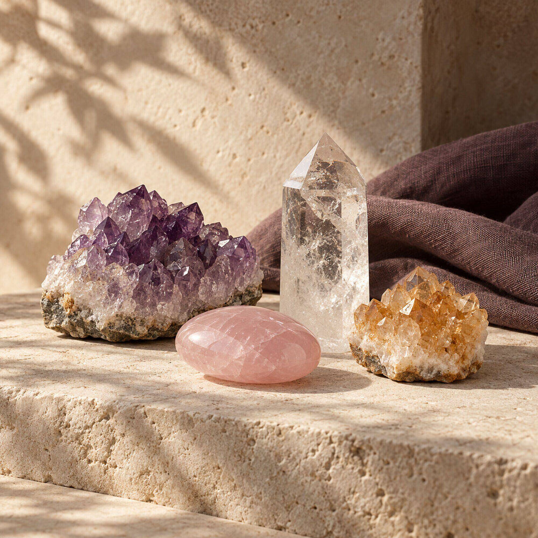 Natural crystals styled on warm limestone for Zen Collection’s Crystals collection.