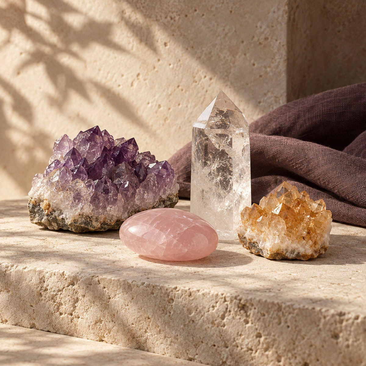 Natural crystals styled on warm limestone for Zen Collection’s Crystals collection.