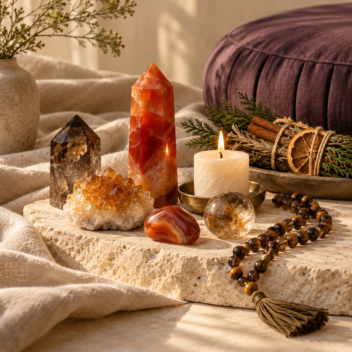 Fall crystal and ritual collection with carnelian, smoky quartz, citrine, candle and cleansing bundle