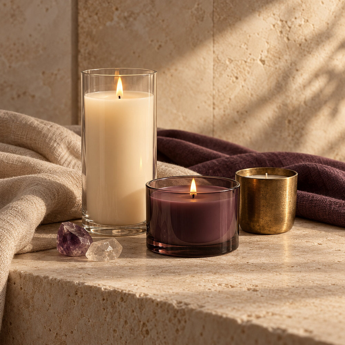 Ritual candles styled on warm limestone for Zen Collection’s Ritual Candles collection.