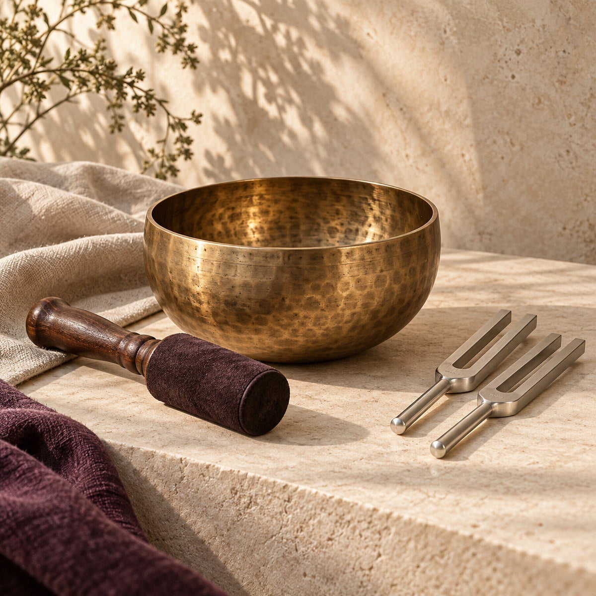 Singing bowl, mallet and tuning forks styled on warm limestone for Zen Collection’s Sound Healing collection.