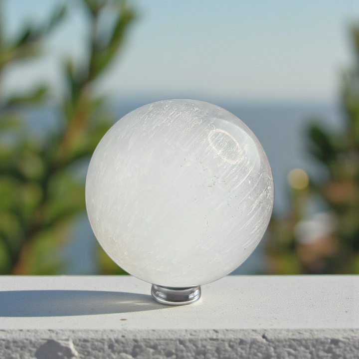 This Selenite Sphere promotes clarity , purity and peace of mind . Use the energy from this crystal sphere to create wholeness throughout the environment and family relationships 