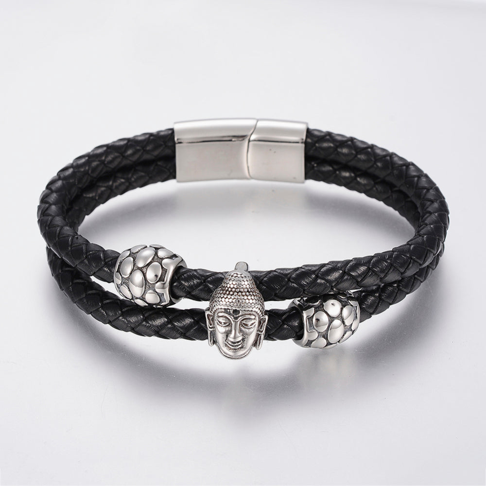 Men's black braided leather multi-strand bracelet with 304 stainless steel Buddha charm and magnetic clasp, 8-5/8 inch available in -store or online at Zen Collection Canadian Metaphysical Store Near Me