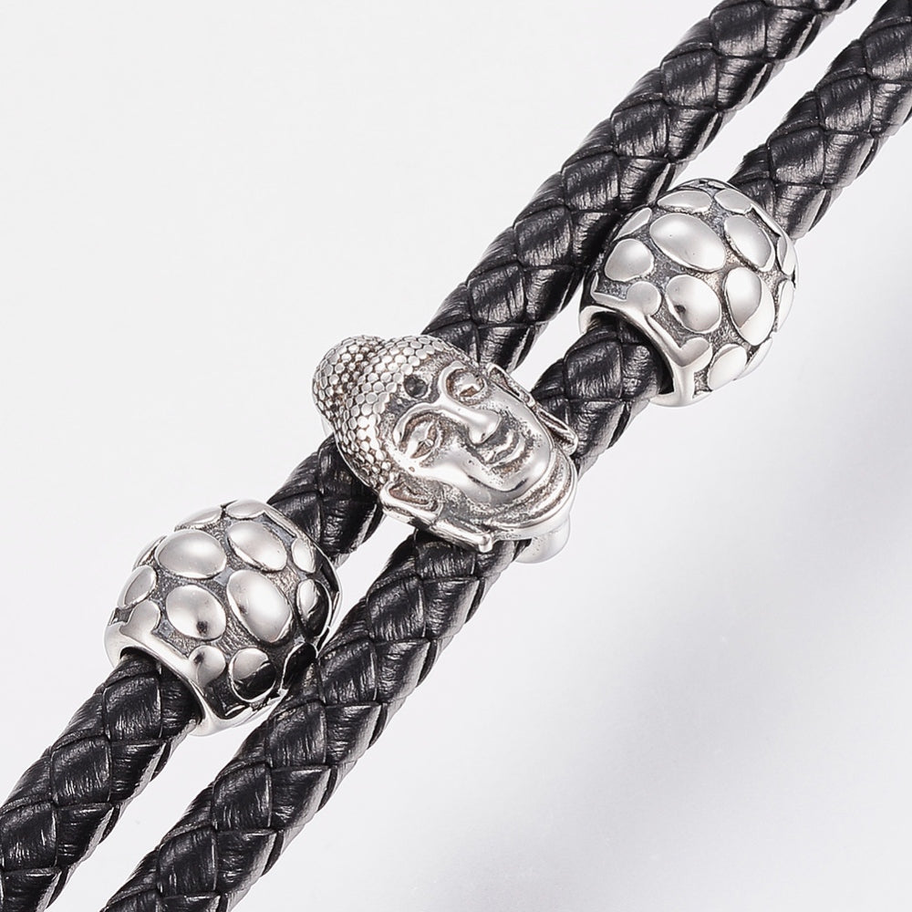 Men's black braided leather multi-strand bracelet with 304 stainless steel Buddha charm and magnetic clasp, 8-5/8 inch available in -store or online at Zen Collection Canadian Metaphysical Store Near Me