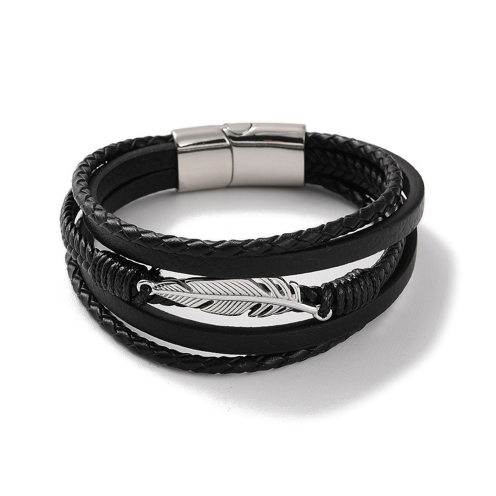 Men's black PU leather multi-strand bracelet with 304 stainless steel feather link and magnetic clasp, 8-5/8 inch. Available in-store or online at Zen Collection Men's Jewelry Near Me