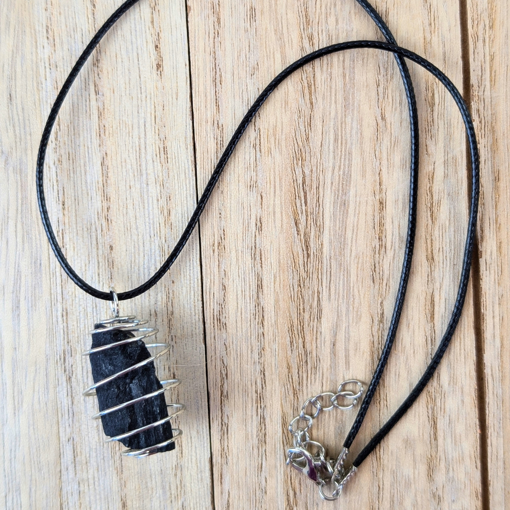 Black tourmaline necklace with silver fastenings for grounding and shielding