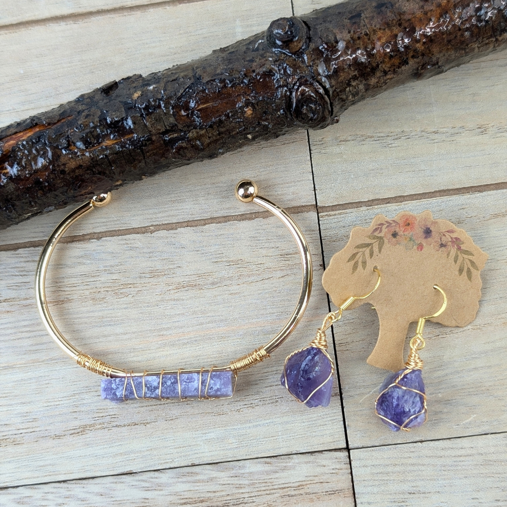 Amethyst Wire Wrapped Jewelry Set with gold-plated bracelet and earrings