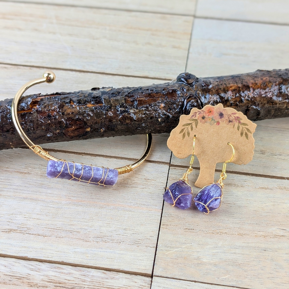 Third Eye and Crown Chakra amethyst jewelry set with gold-plated wire