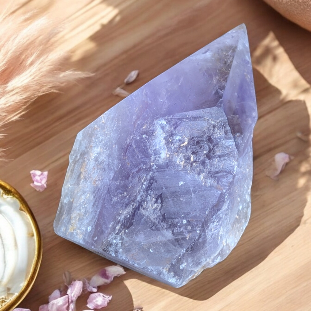 Amethyst Crystal Point displayed on an altar with soft lighting