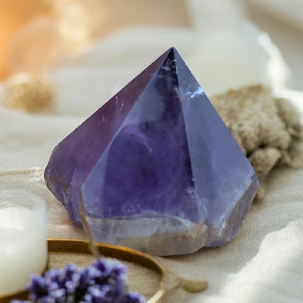 Side view of Amethyst Pyramid highlighting its geometric shape.