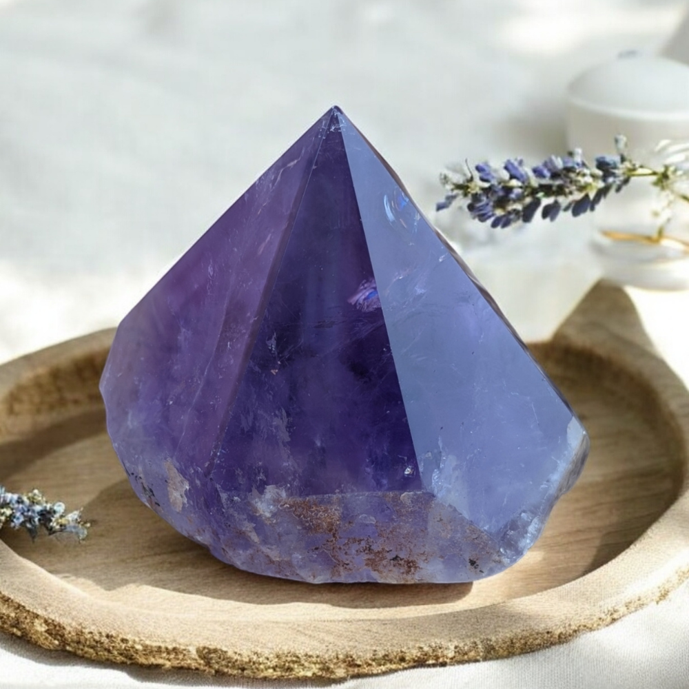 Amethyst Pyramid on a wooden surface with deep purple hues.