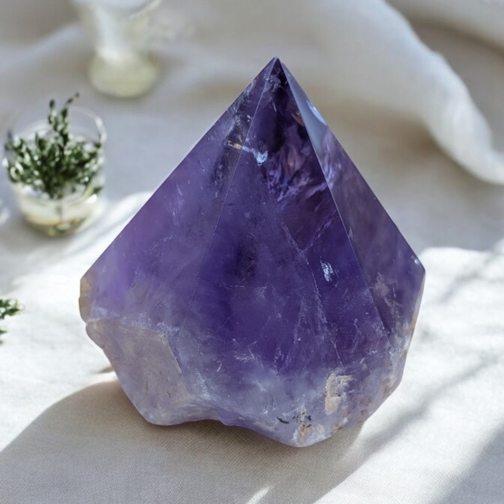 Hand holding Amethyst Pyramid for energy focus.