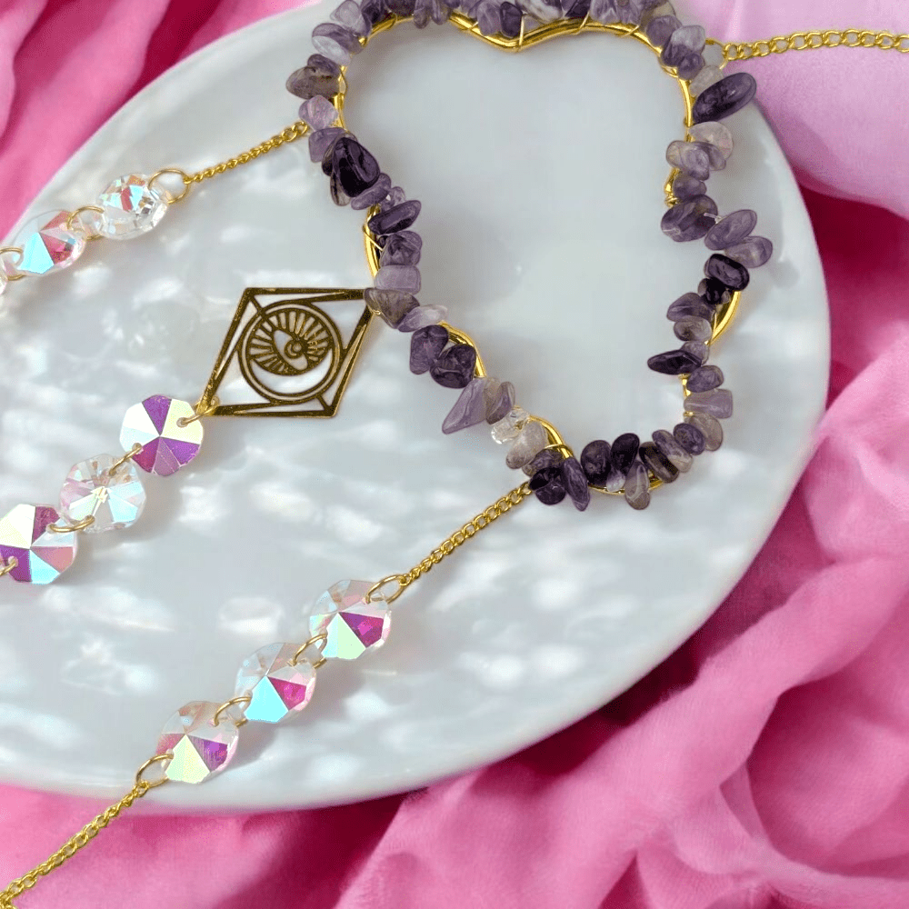 Crystal prism sun catcher with purple stones

