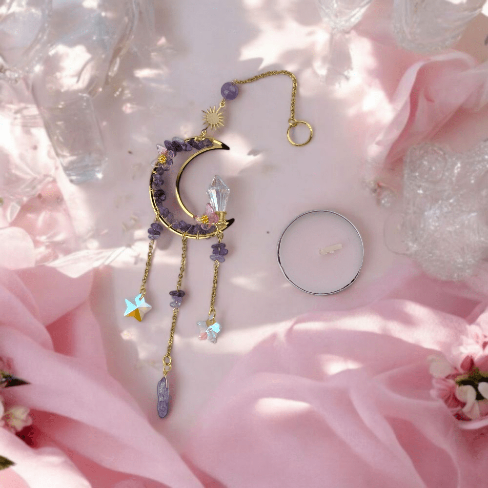 Crescent moon suncatcher with purple crystals
