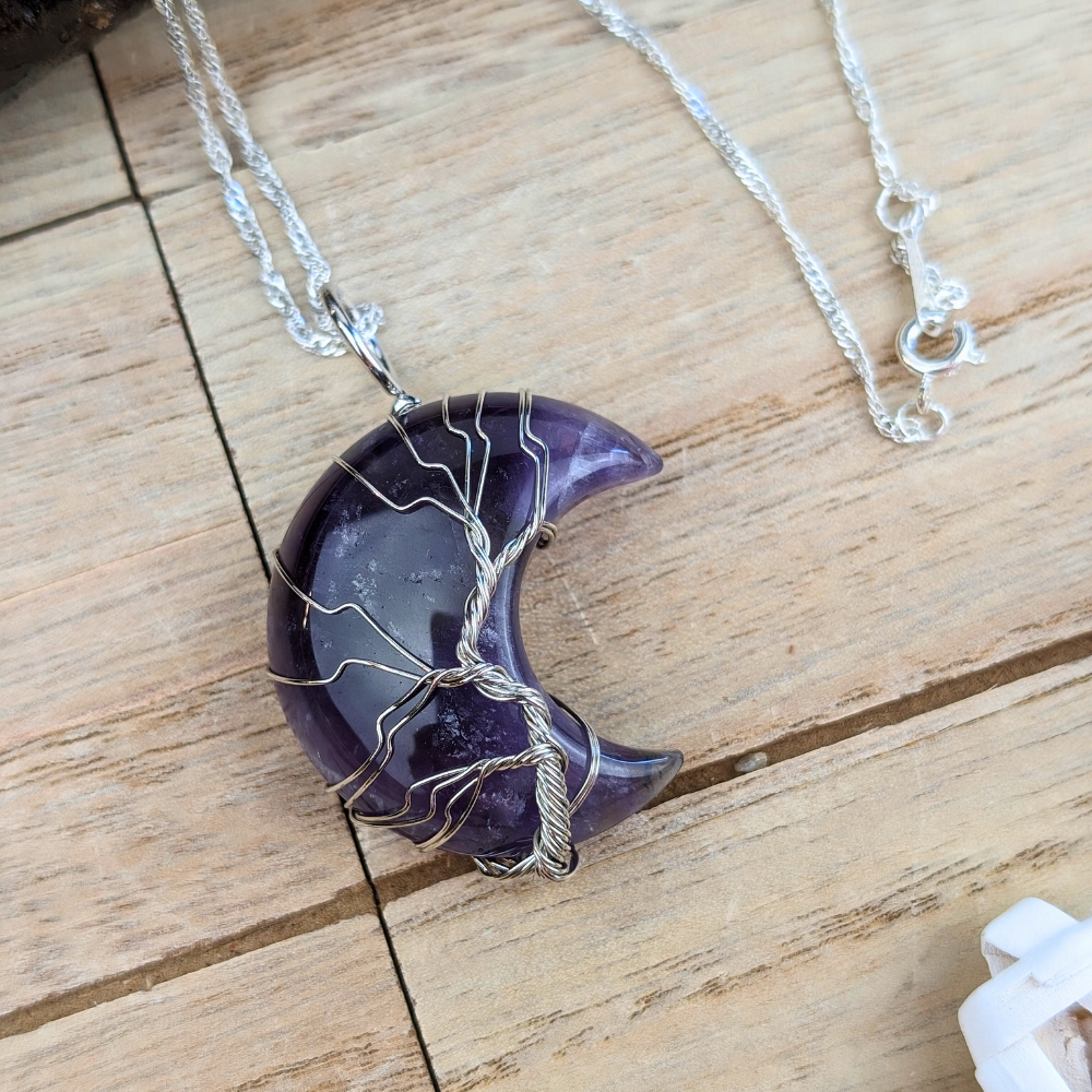 Amethyst Wire Wrapped Moon Necklace with 1.5” crescent moon pendant.