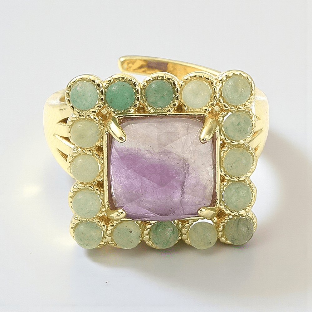 Gold plated crystal ring amethyst and green aventurine available at Zen Collection metaphysical stores in Barrie. Shop in-store or online now