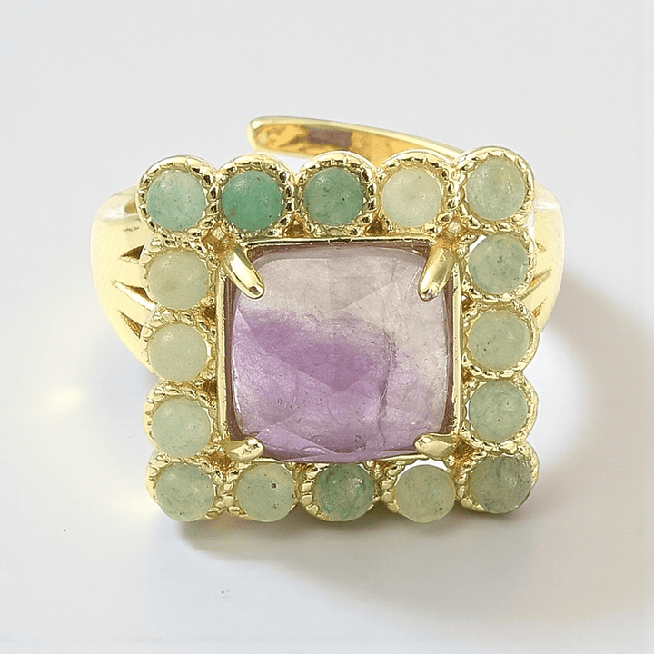 Gold plated crystal ring amethyst and green aventurine available at Zen Collection metaphysical stores in Barrie. Shop in-store or online now