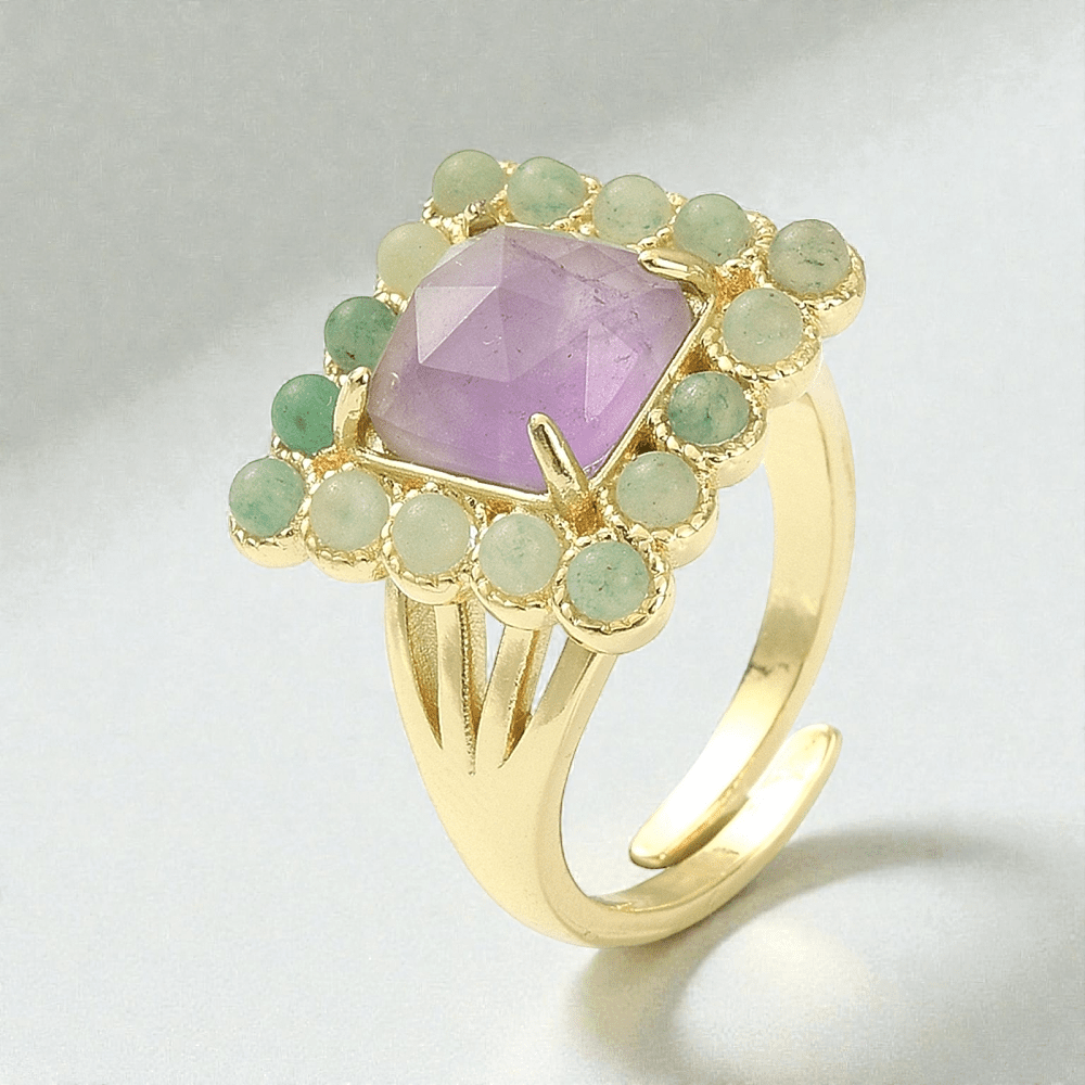 Gold plated crystal ring amethyst and green aventurine available at Zen Collection metaphysical stores in Barrie. Shop in-store or online now