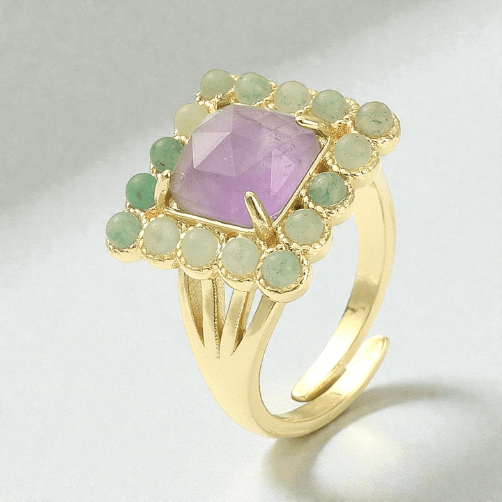 Gold plated crystal ring amethyst and green aventurine available at Zen Collection metaphysical stores in Barrie. Shop in-store or online now