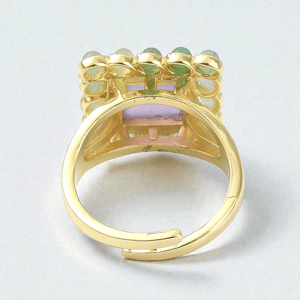 Gold plated crystal ring amethyst and green aventurine available at Zen Collection metaphysical stores in Barrie. Shop in-store or online now