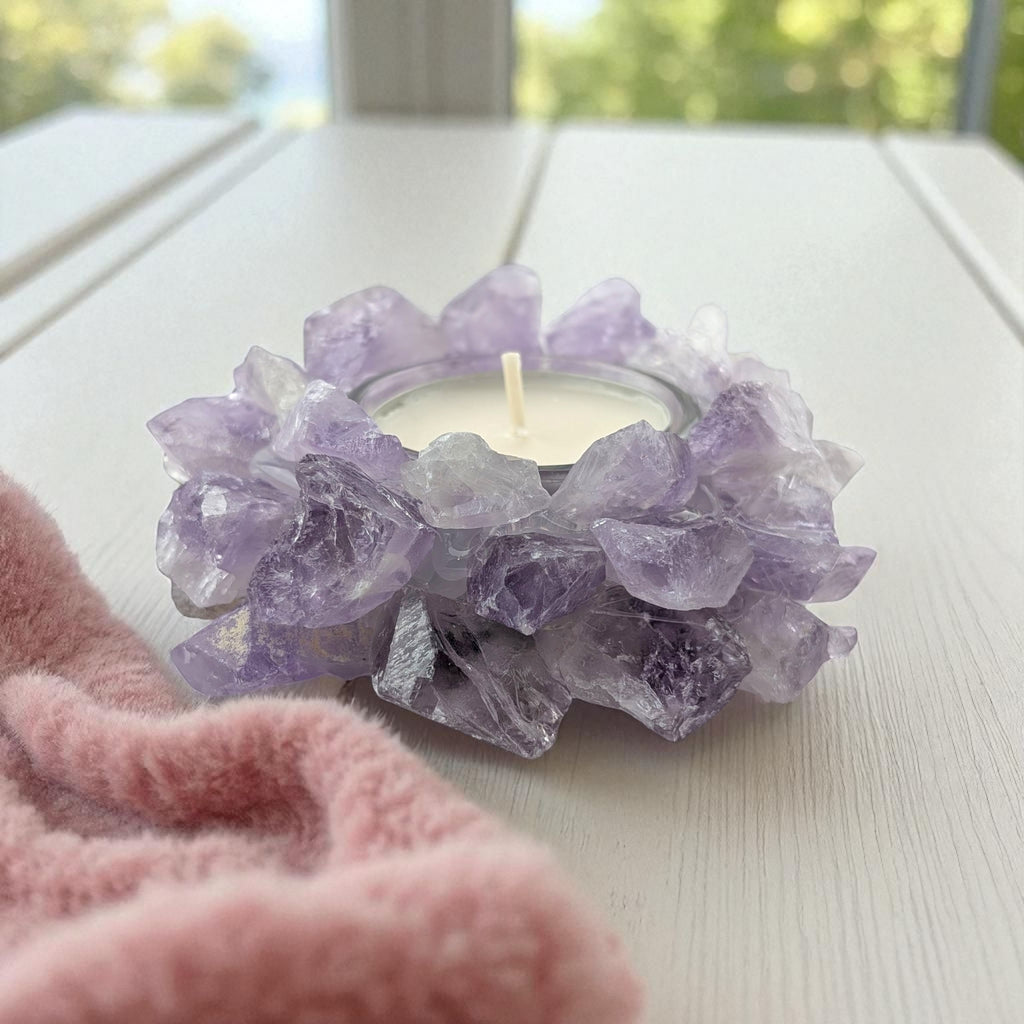 Candle holder made of purple  amethyst crystal on a white surface