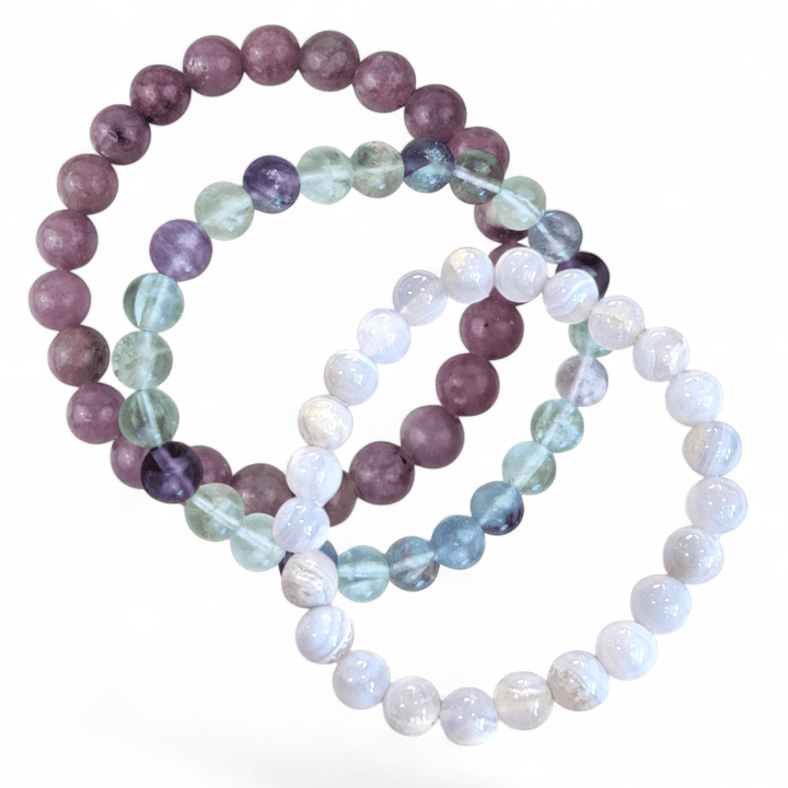Anxiety relief crystal bracelet stack with blue lace agate lepidolite and fluorite available in-store or online at Zen Collection Metaphysical Store in Barrie 