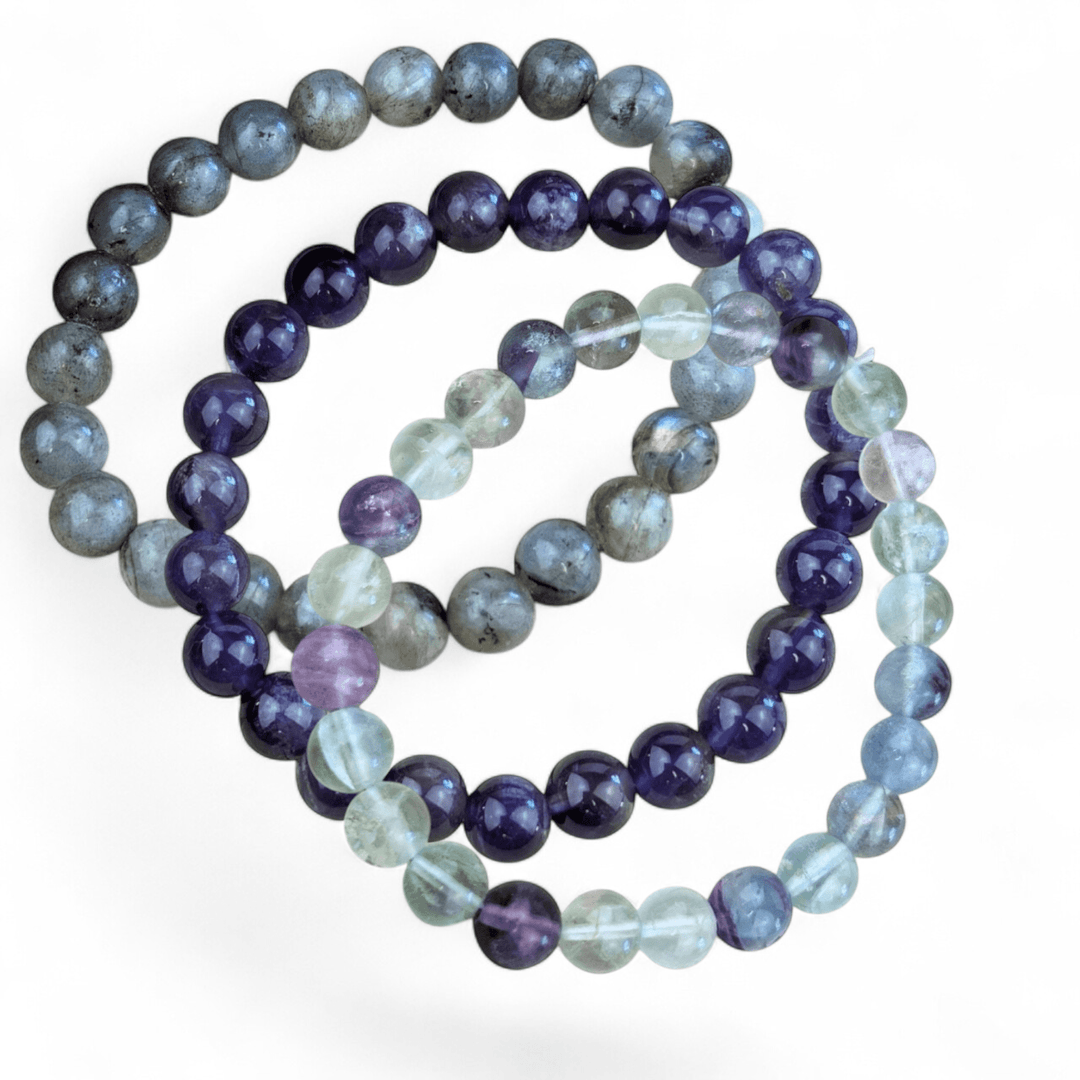 Aquarius bracelet stack labradorite amethyst fluorite available at Zen Collection Metaphysical Store