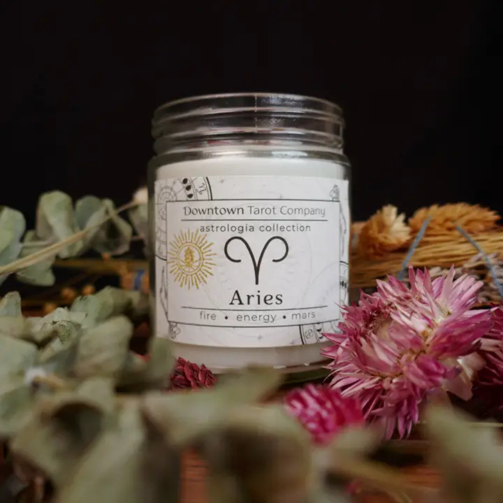 Hand-poured zodiac candle crafted with coconut-soy wax and eco-friendly materials.