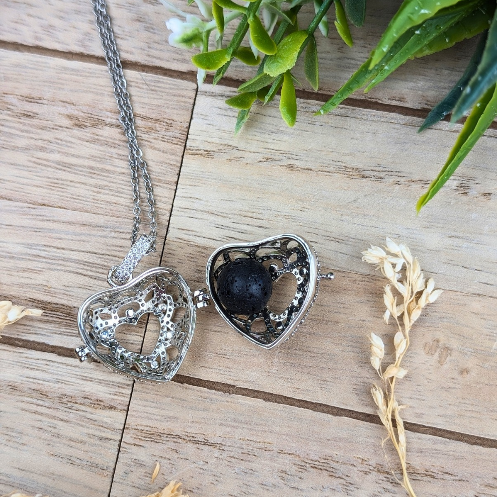 Aromatherapy Silver Heart Locket Necklace with  lava stone