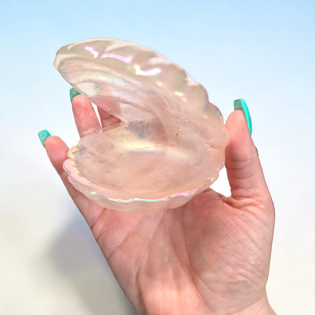 Aura Rose Quartz Crystal Clam Shell | Rose Quartz | Heart Clearing and Self-Love Support | Zen Collection Canada