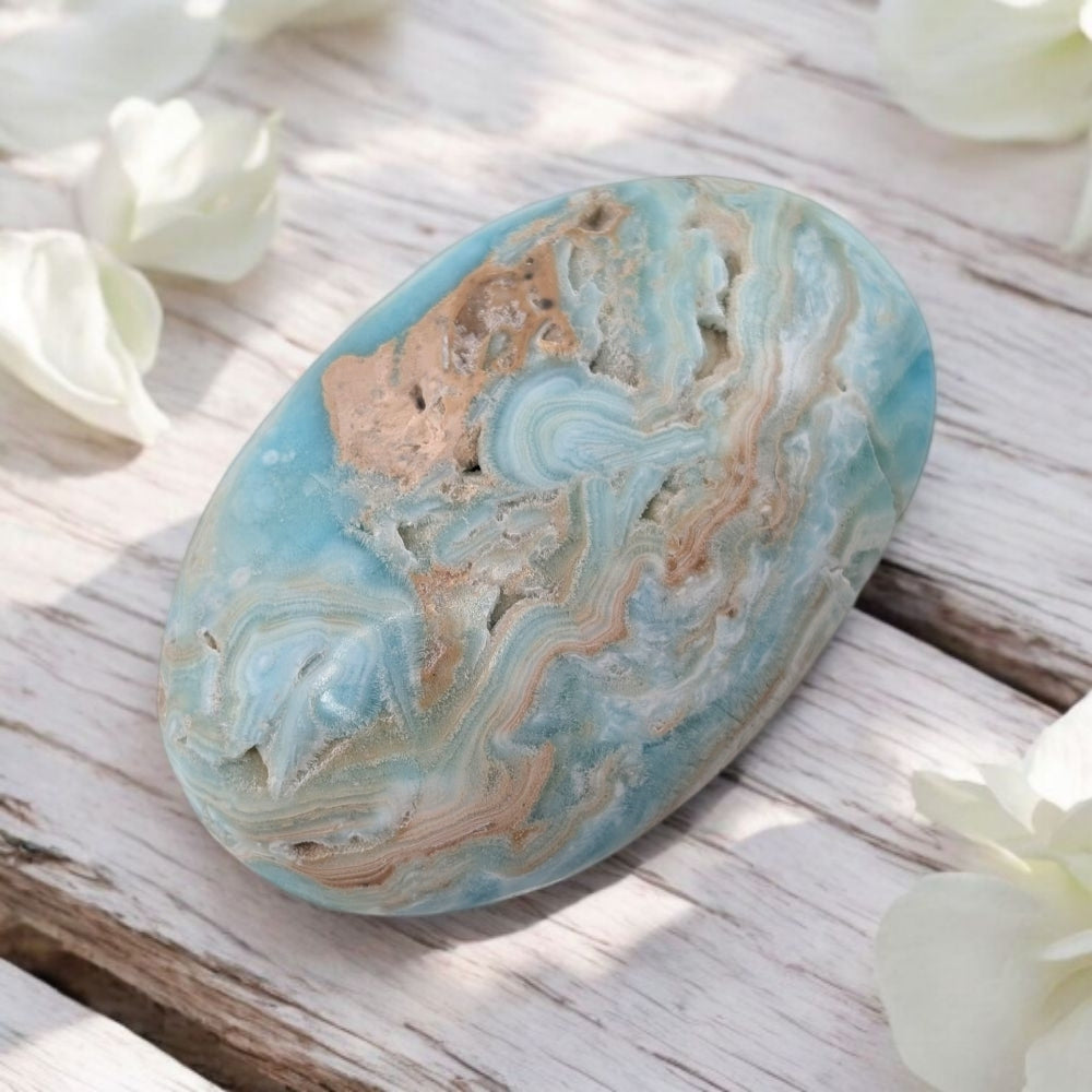 Blue Aragonite palm stone for peace and authenticity