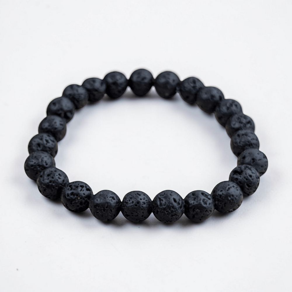 Close-up of porous lava rock beads used in a bracelet design.