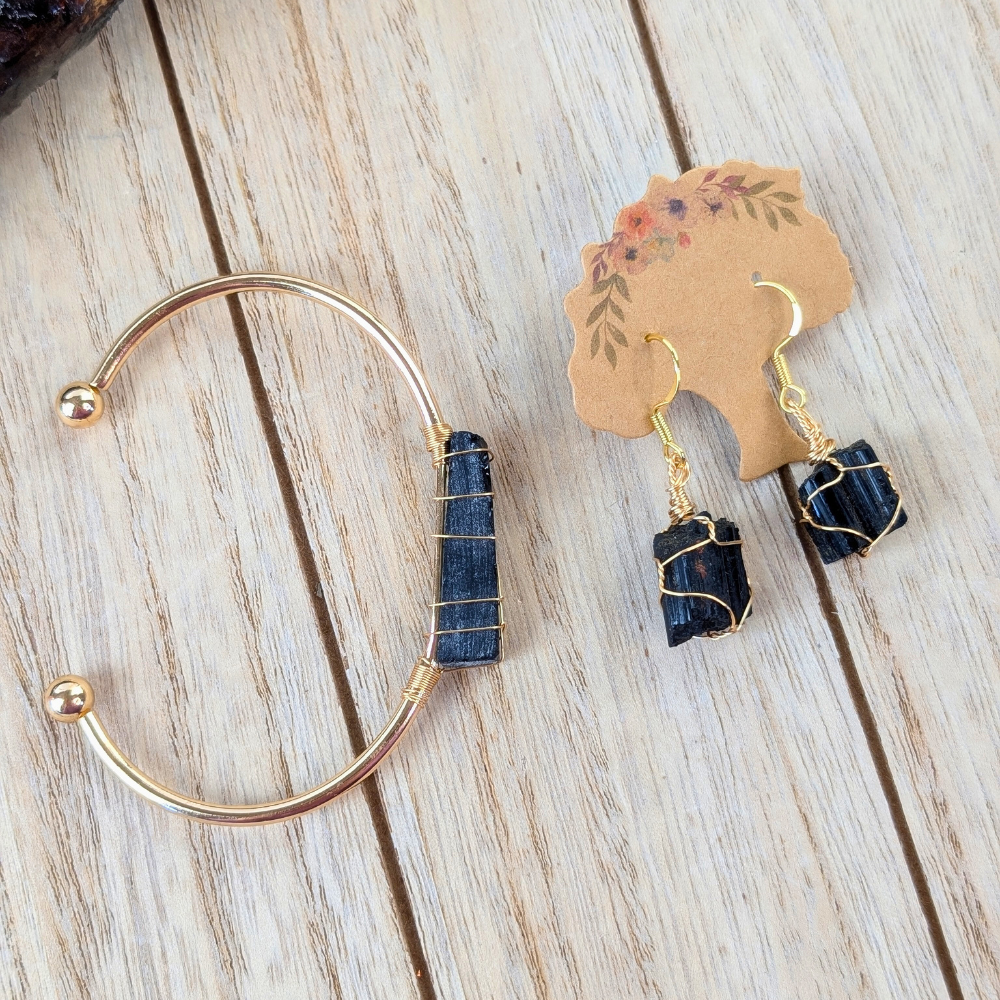 Hand-wrapped black tourmaline earrings and bracelet set