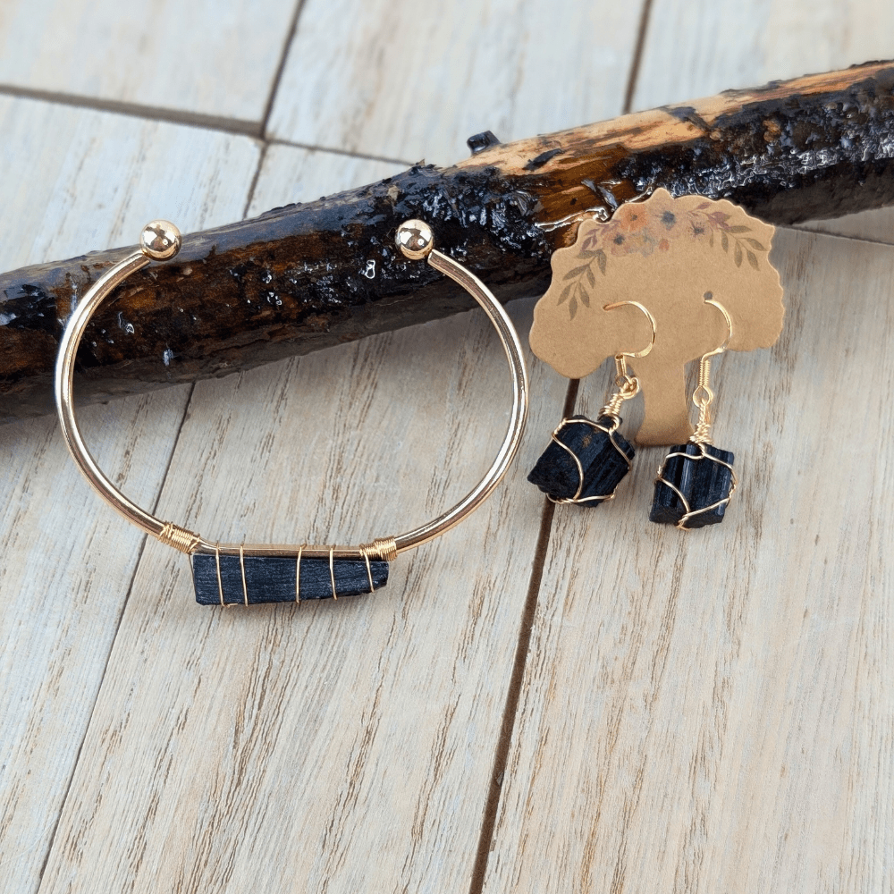 Gold-plated iron black tourmaline jewelry set for grounding and balance