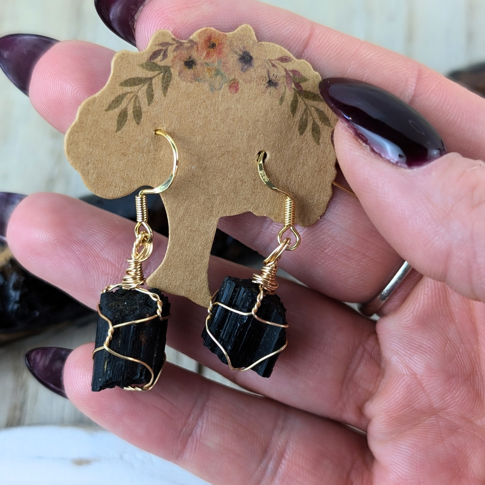 Black Tourmaline Wire Wrapped Earrings for protection and grounding