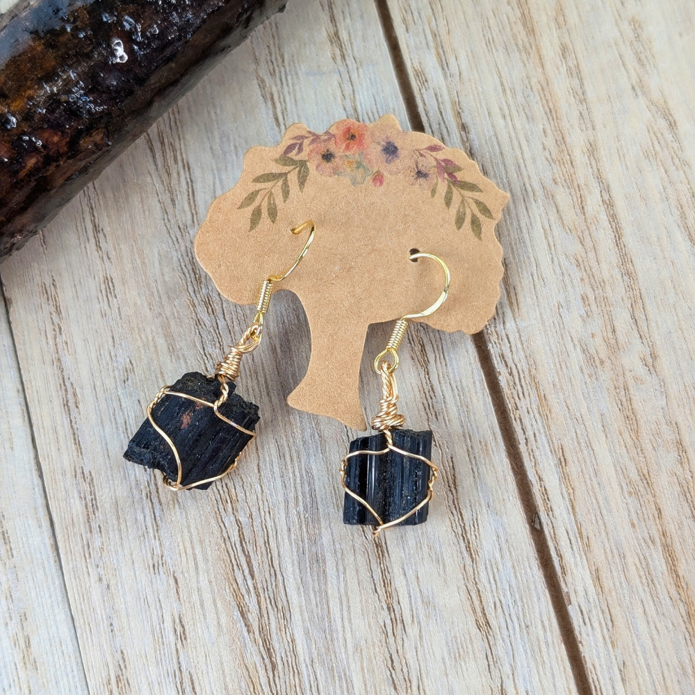 Hand-wrapped black tourmaline earrings in stainless steel for daily wear